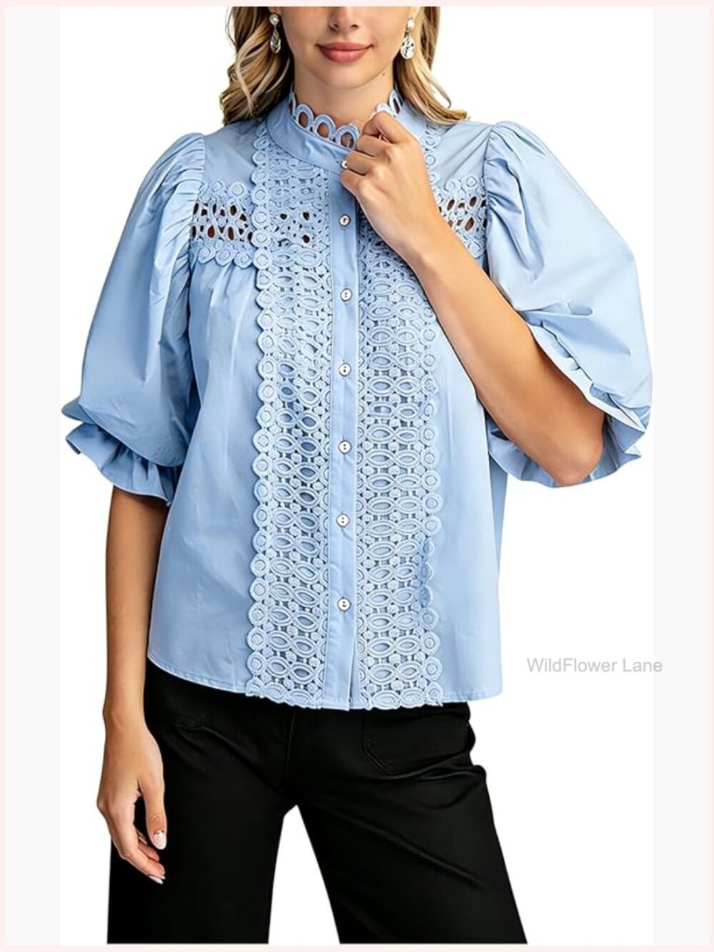 Lace Embroidered Eyelet Top Mock Neck Puff Ruffle Sleeve Blouse